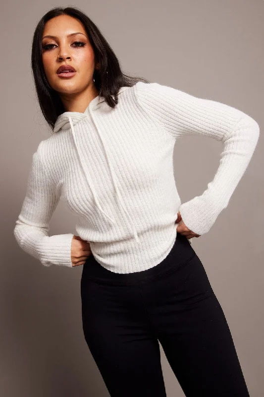 White Knit Top Long Sleeve Hoodie Hoodie with Puffed Sleeves Voluminous Trendy
