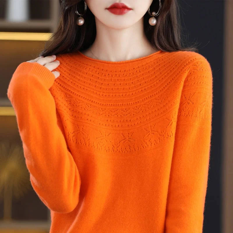 100 Wool Classic Round Neck Cutout Sweater Fashion Cutout Loose Long Sleeve Undercoat New Design Taste Popular Sweater Girl Long Sweater Short Sweater Cropped Sweater