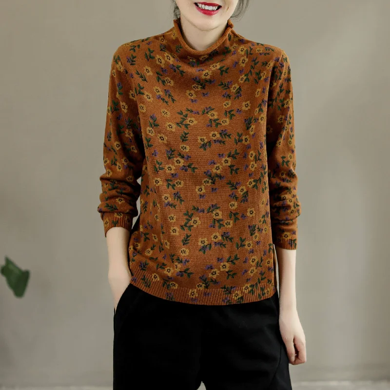 Autumn Retro Floral Turtleneck Cotton Knitted Sweater Long Sweater Short Sweater Cropped Sweater