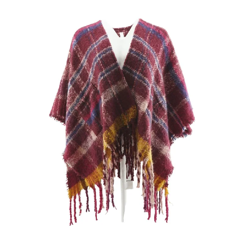 Burgundy Plaid Poncho Sweater Polka Dot Checkered Tartan