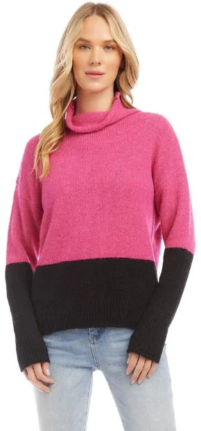 Karen Kane Colorblock Turtleneck Sweater Hot Pink/Black Thin Thick Dense