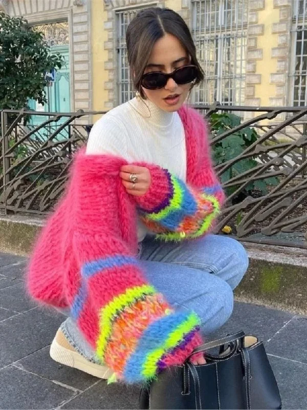 Womens Mohair Sweater Cardigans Women Striped Knit Splice Cardigans Autumn Winter Graphic Sweater Embroidered Appliqued