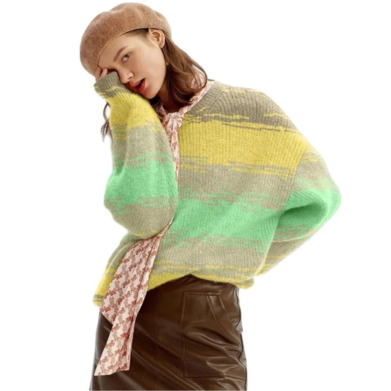 Customized Ladies rainbow mohair Knit Pullover sweater Thick and Cozy Fleece Sweater Nylon Polyester