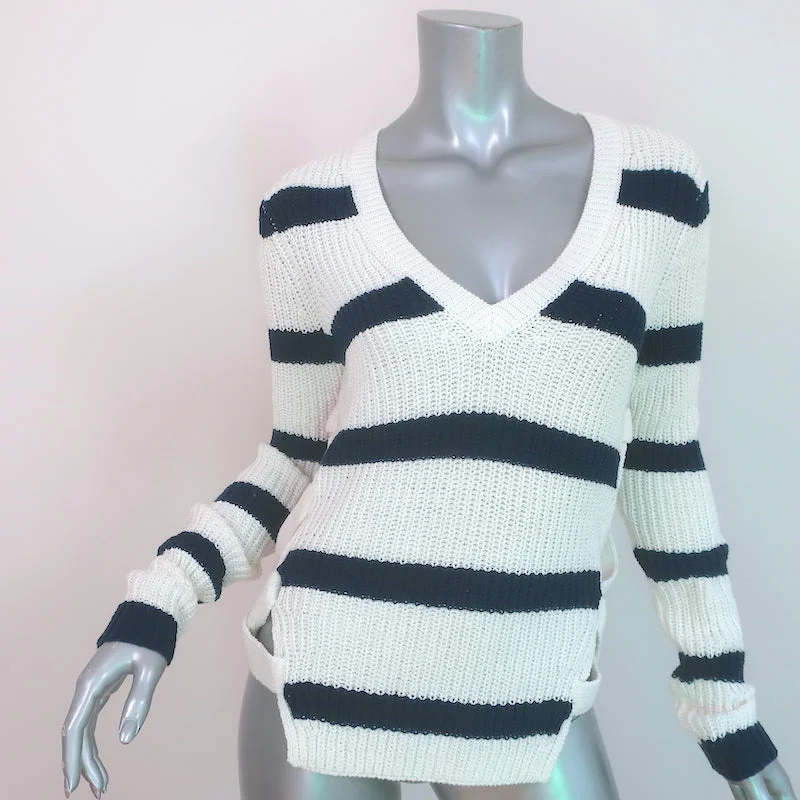 Derek Lam 10 Crosby Pat Lace-Up Side Sweater Cream/Navy Striped Size Small NEW Thin Thick Dense