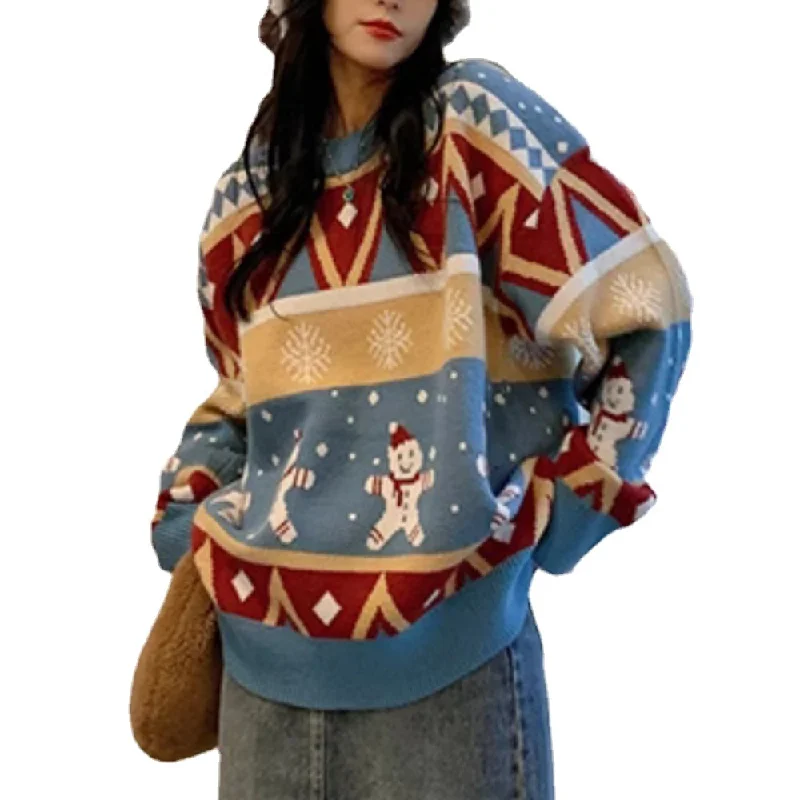 Women's Fun Contrast Color Snowman Sweater Bright Pastel Dark