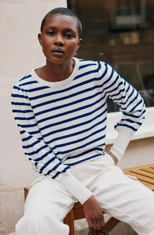 Merino Wool Striped Crew Neck Jumper | Cream/Navy Neon Metallic Matte