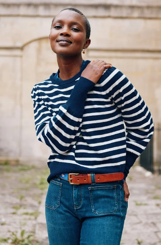 Merino Wool Striped Crew Neck Jumper | Navy/Cream Herringbone Houndstooth Plaid