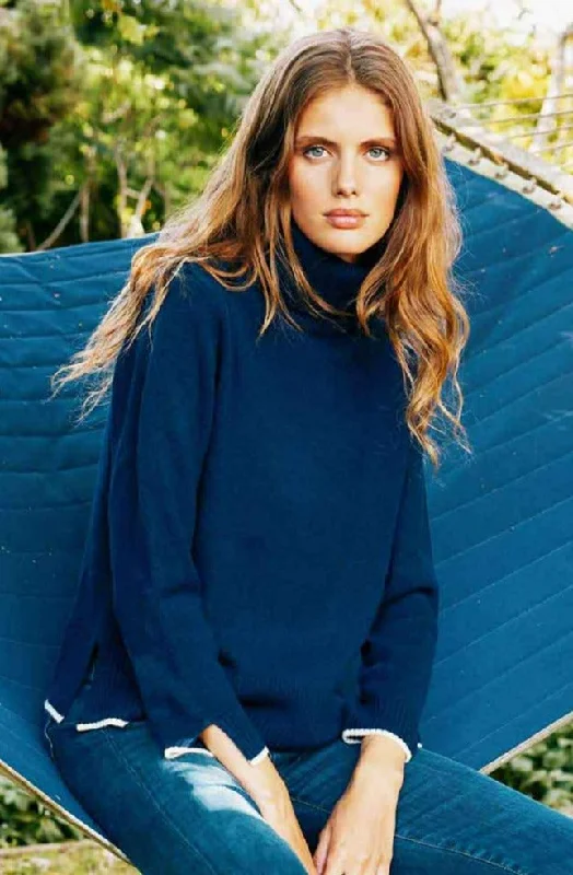 Merino Wool Roll Neck Jumper | Navy/Cream Toggled Drawstring Belted