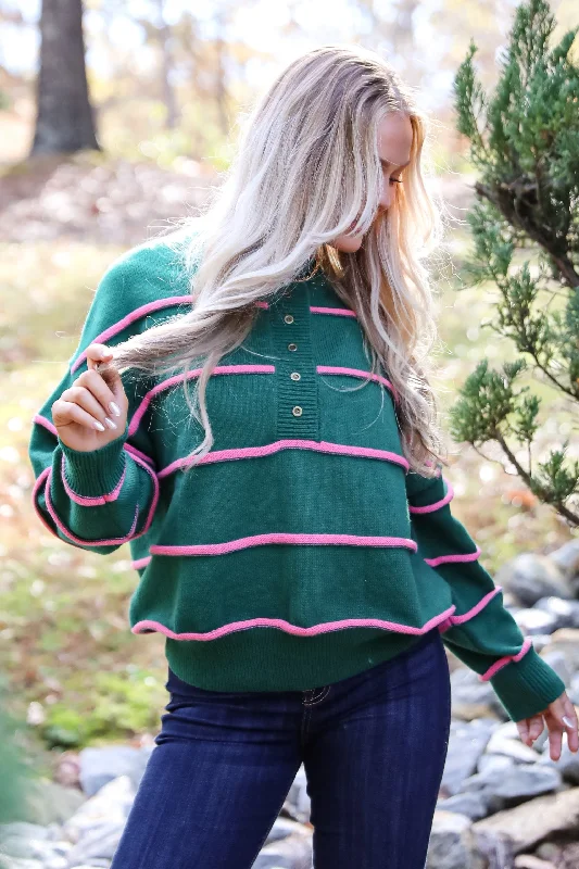 Memorably Stylish Hunter Green Striped Sweater Cashmere Blend Cotton Blend Poly Blend