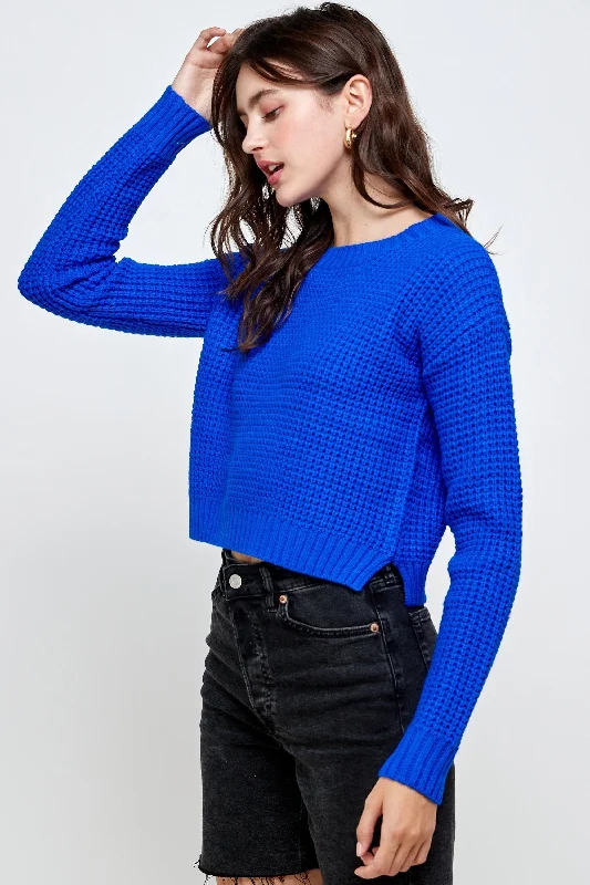 Waffle Knitted Cropped Sweater Top Stretchy Elastic Breathable