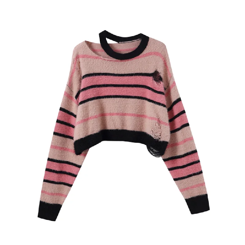 Women's Pink ripped striped sweater Embroidered Appliqued Beaded