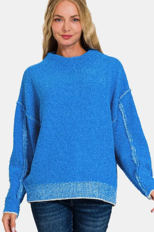 Zenana Women's Exposed Seam Mock Neck Long Sleeve Sweater High Neck Crew Neck V-Neck