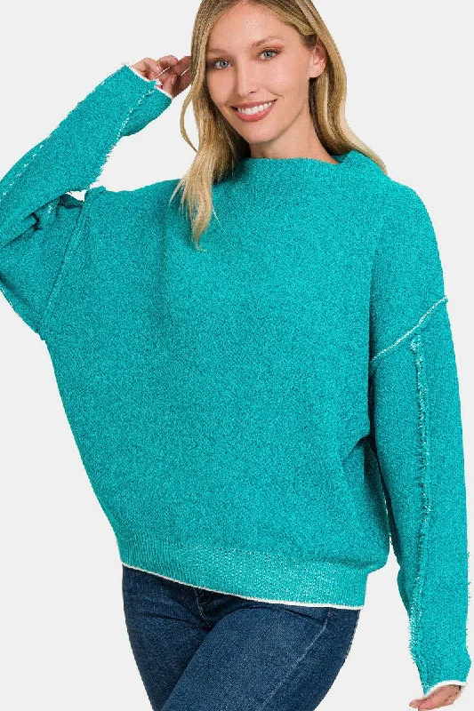 Zenana Women's Exposed Seam Mock Neck Long Sleeve Sweater Spandex Blend Rayon Blend Denim Blend