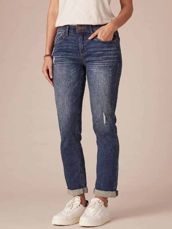 "Ab"solution® Blue Denim Distressed Petite Girlfriend Jean Comfortable Full-Length Denim Jeans "Ab"solution® Blue Denim Distressed Petite Girlfriend Jean Comfortable Full-Length Denim Jeans