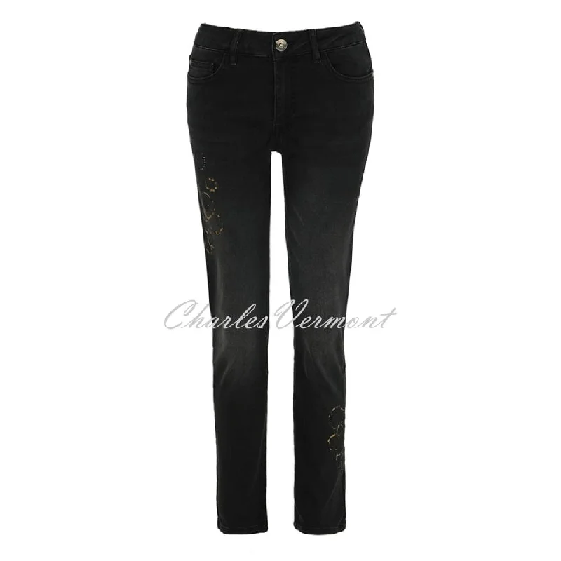 Dolcezza Hand Painted Denim Jean - Style 73403 (Washed Effect Black Jean) Fashionable Raw Hem Bootcut Jeans