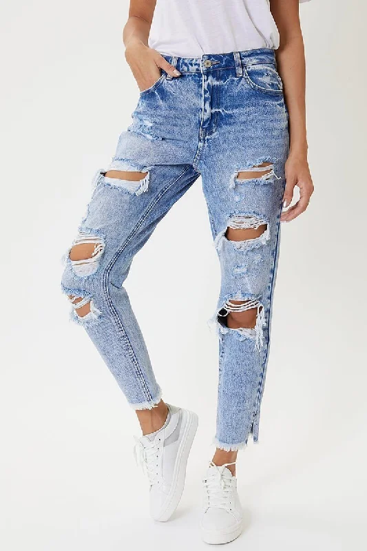 High Rise Fray Hem With Side Split Mom Jean Comfortable Mid-Rise Jeans