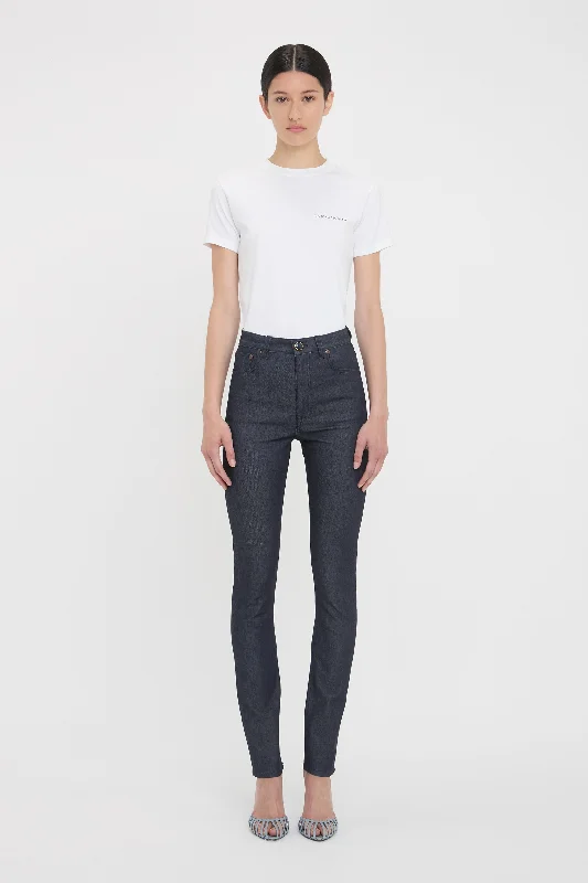 High Waisted Skinny Jean In Dark Indigo Raw Comfortable Straight-Legged Denim