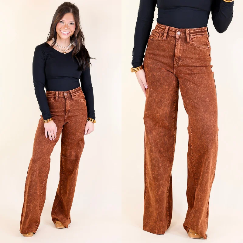 Judy Blue | Harvest Hues High Waisted Garment Dyed Wide Leg Jean with Raw Hem in Pumpkin Spice Brown Trendy Colored Denim Jeans Judy Blue | Harvest Hues High Waisted Garment Dyed Wide Leg Jean with Raw Hem in Pumpkin Spice Brown Trendy Colored Denim Jeans
