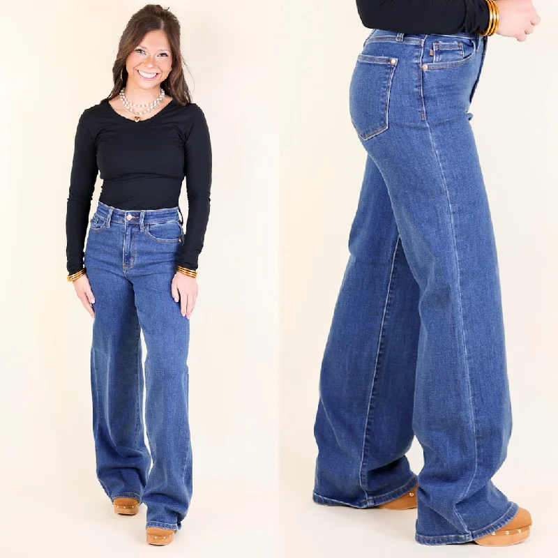 Judy Blue | High Society High Waisted Vintage Wide Leg Jean in Medium Wash Comfortable Dark Wash Jeans Judy Blue | High Society High Waisted Vintage Wide Leg Jean in Medium Wash Comfortable Dark Wash Jeans