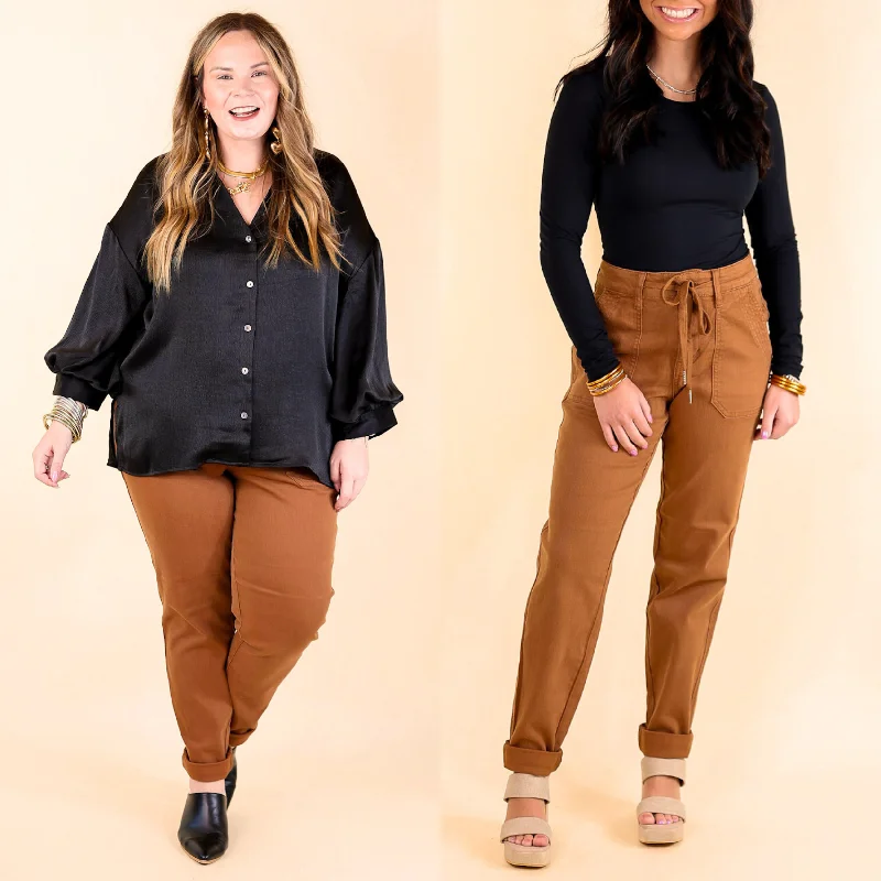Judy Blue | Keep It A Secret Relaxed Pull on Denim Jean Joggers in Camel Brown Comfortable Zip-Fly Denim Jeans Judy Blue | Keep It A Secret Relaxed Pull on Denim Jean Joggers in Camel Brown Comfortable Zip-Fly Denim Jeans