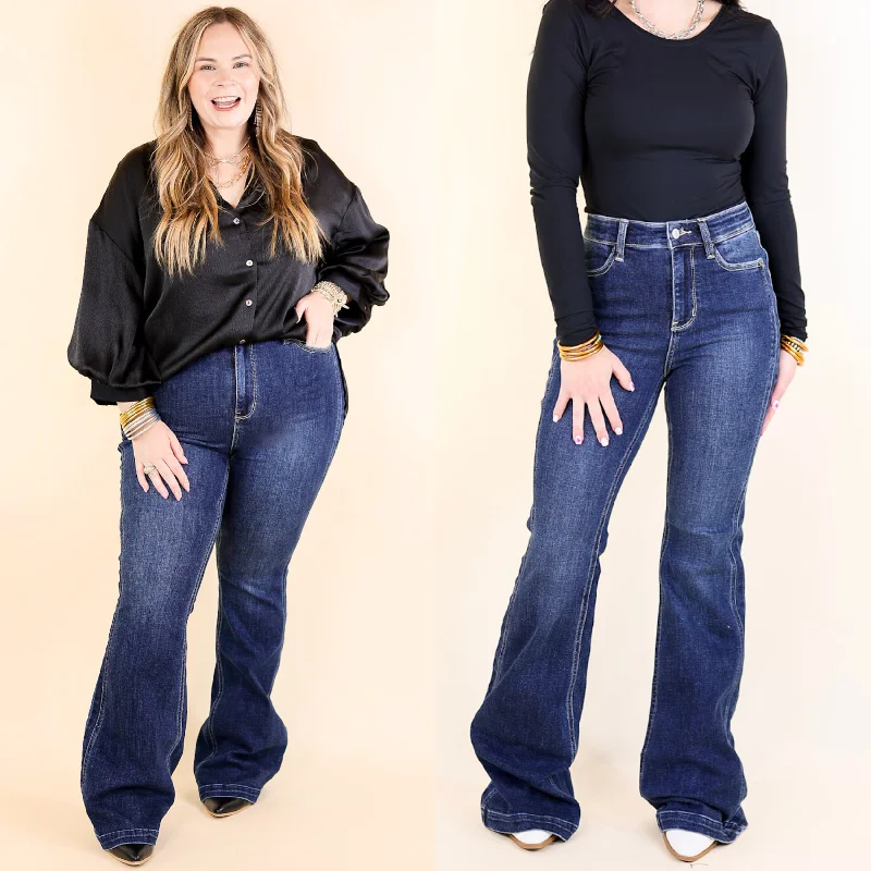 Judy Blue | Perfect Angles High Waisted Flare Jean with an Angled Side Seam in Dark Wash Fashionable Raw Edge Jeans Judy Blue | Perfect Angles High Waisted Flare Jean with an Angled Side Seam in Dark Wash Fashionable Raw Edge Jeans