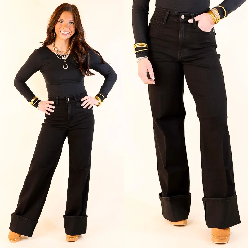 Judy Blue | Retro Roll-Up High Waisted Wide Leg Jean with a Cuff in Black Trendy Wide-Leg High-Waist Denim Judy Blue | Retro Roll-Up High Waisted Wide Leg Jean with a Cuff in Black Trendy Wide-Leg High-Waist Denim