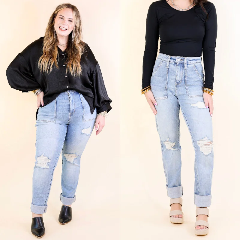 Judy Blue | Ripped Revival High Waisted Destroy Boyfriend Jean with Patch Pockets in Medium Wash Stylish Cargo Style Jeans