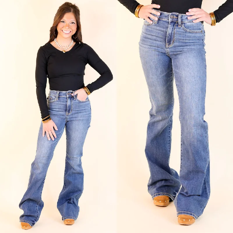 Judy Blue | Sleek and Chic High Waisted Classic Flare Jean in Medium Wash Trendy Pleated Waist Jeans Judy Blue | Sleek and Chic High Waisted Classic Flare Jean in Medium Wash Trendy Pleated Waist Jeans
