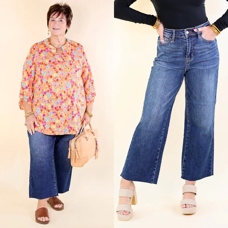 Judy Blue | Subtle Chic Cropped Wide Leg Jean with Back Pocket Embroidery in Dark Wash Trendy Wide-Legged High-Waist Jeans Judy Blue | Subtle Chic Cropped Wide Leg Jean with Back Pocket Embroidery in Dark Wash Trendy Wide-Legged High-Waist Jeans