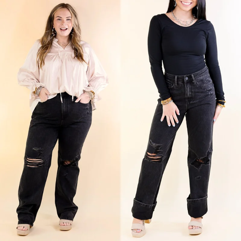 Judy Blue | Vintage Edge Rigid Magic 90's Straight Leg Jean with Destroyed Knee in Black Stylish Slim Fit Denim Judy Blue | Vintage Edge Rigid Magic 90's Straight Leg Jean with Destroyed Knee in Black Stylish Slim Fit Denim