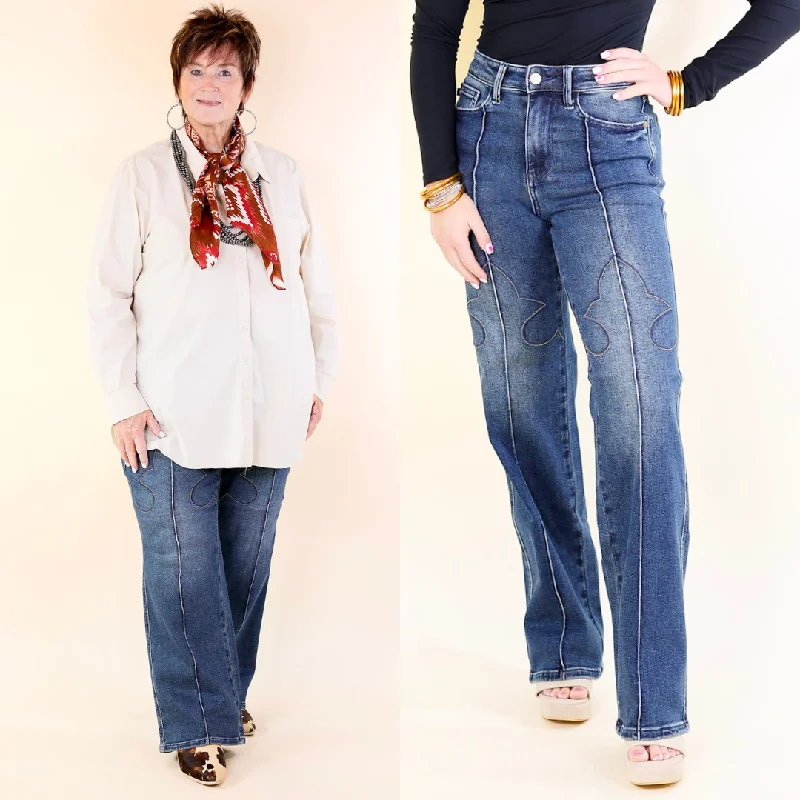 Judy Blue | Western Wanderer High Waisted Straight Leg Jean with Western Seam Detail in Dark Wash Trendy Colored Denim Jeans Judy Blue | Western Wanderer High Waisted Straight Leg Jean with Western Seam Detail in Dark Wash Trendy Colored Denim Jeans