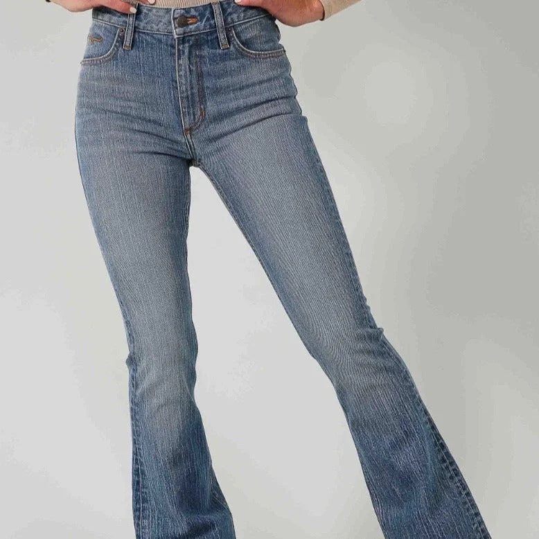 Kimes Ranch Women's Jennifer Mid Wash High Rise Flare Jean Trendy Layered Pocket Jeans