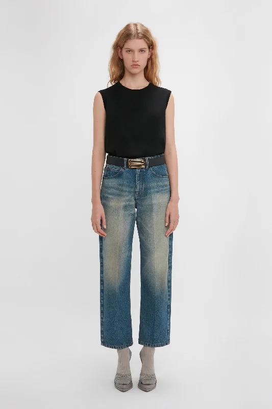 Relaxed Straight Leg Jean In Antique Indigo Wash Fashionable Raw Hem Bootcut Jeans