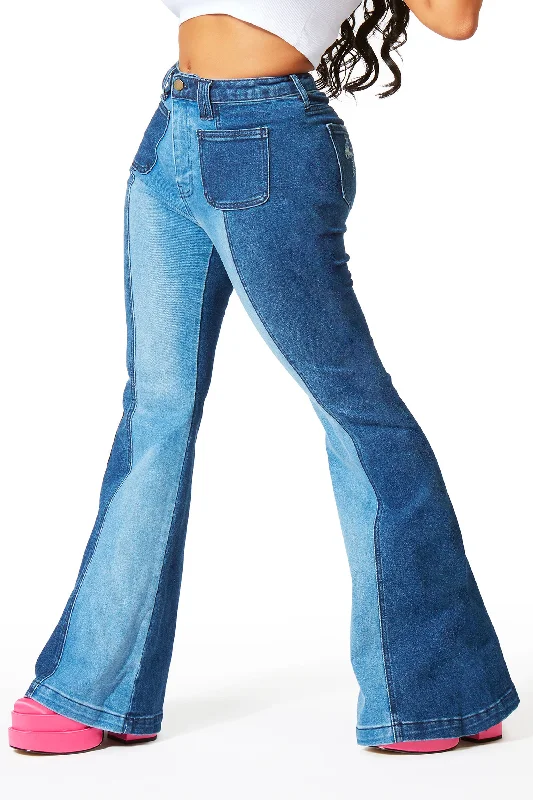 Alyse Dark Wash Two Tone High Rise Flare Jean Comfortable Stretch Denim Jeans