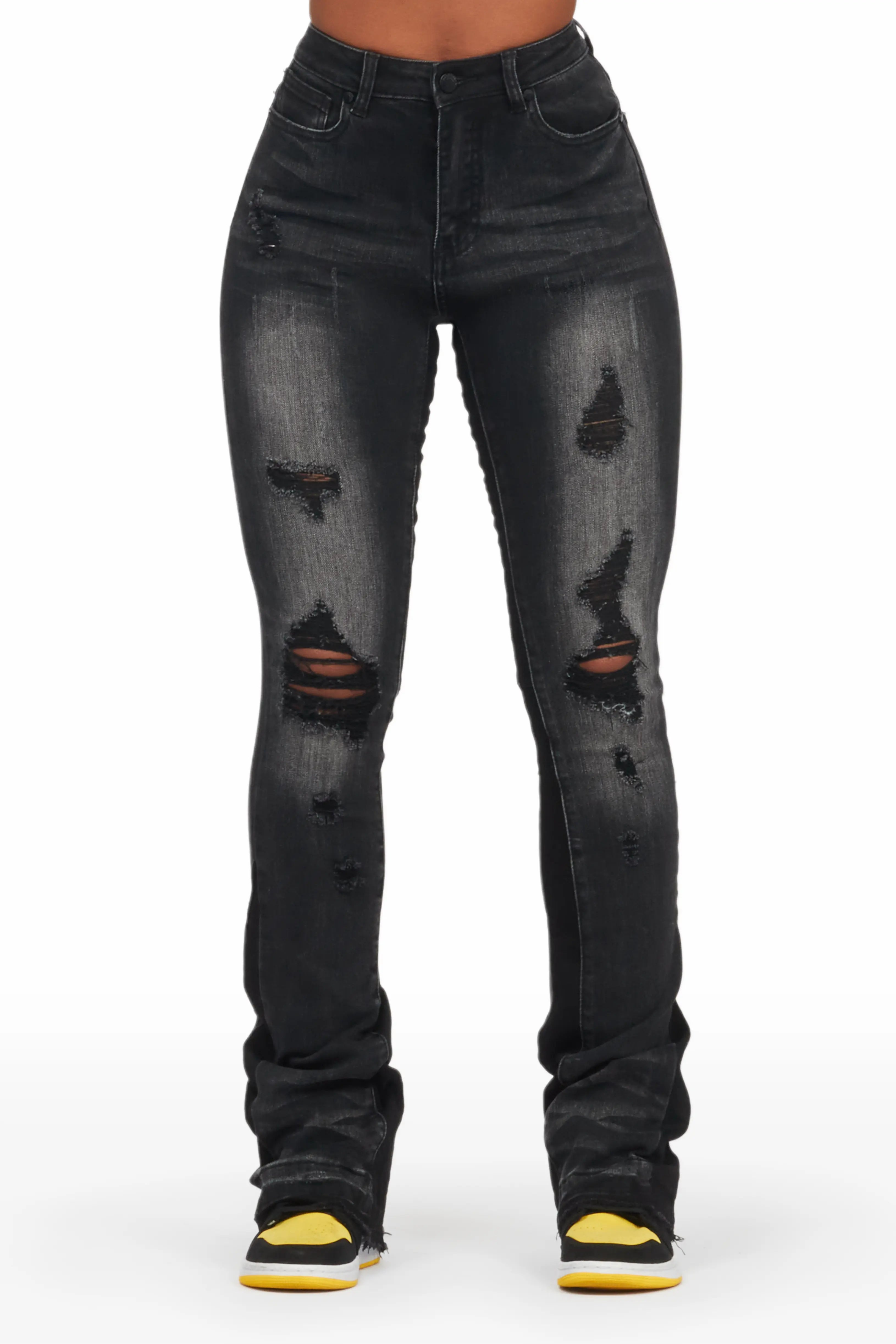 Jazminn Black Wash Stacked Flare Jean Comfortable Stretch Fit Jeans