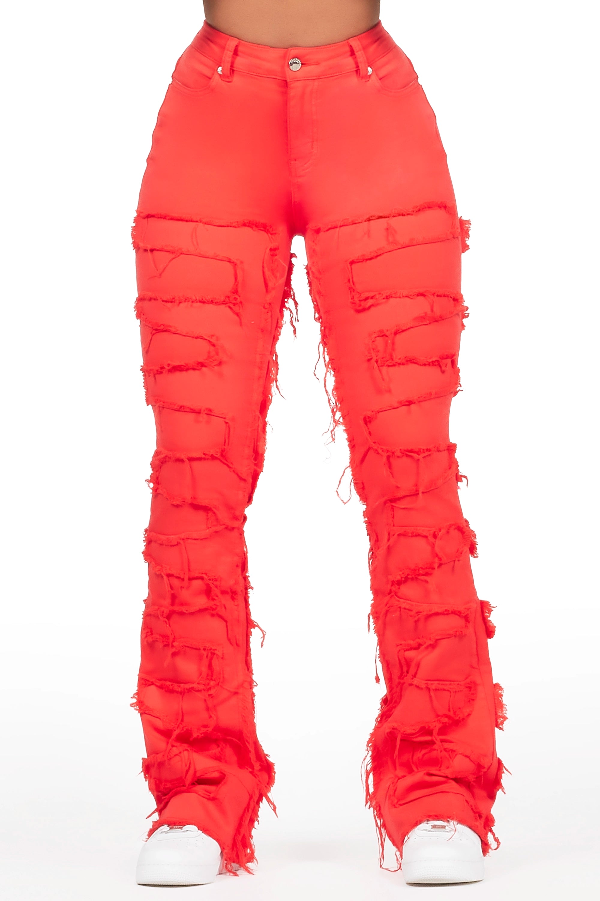 Zariyah Red Stacked Flare Jean Fashionable Cropped Denim Jeans