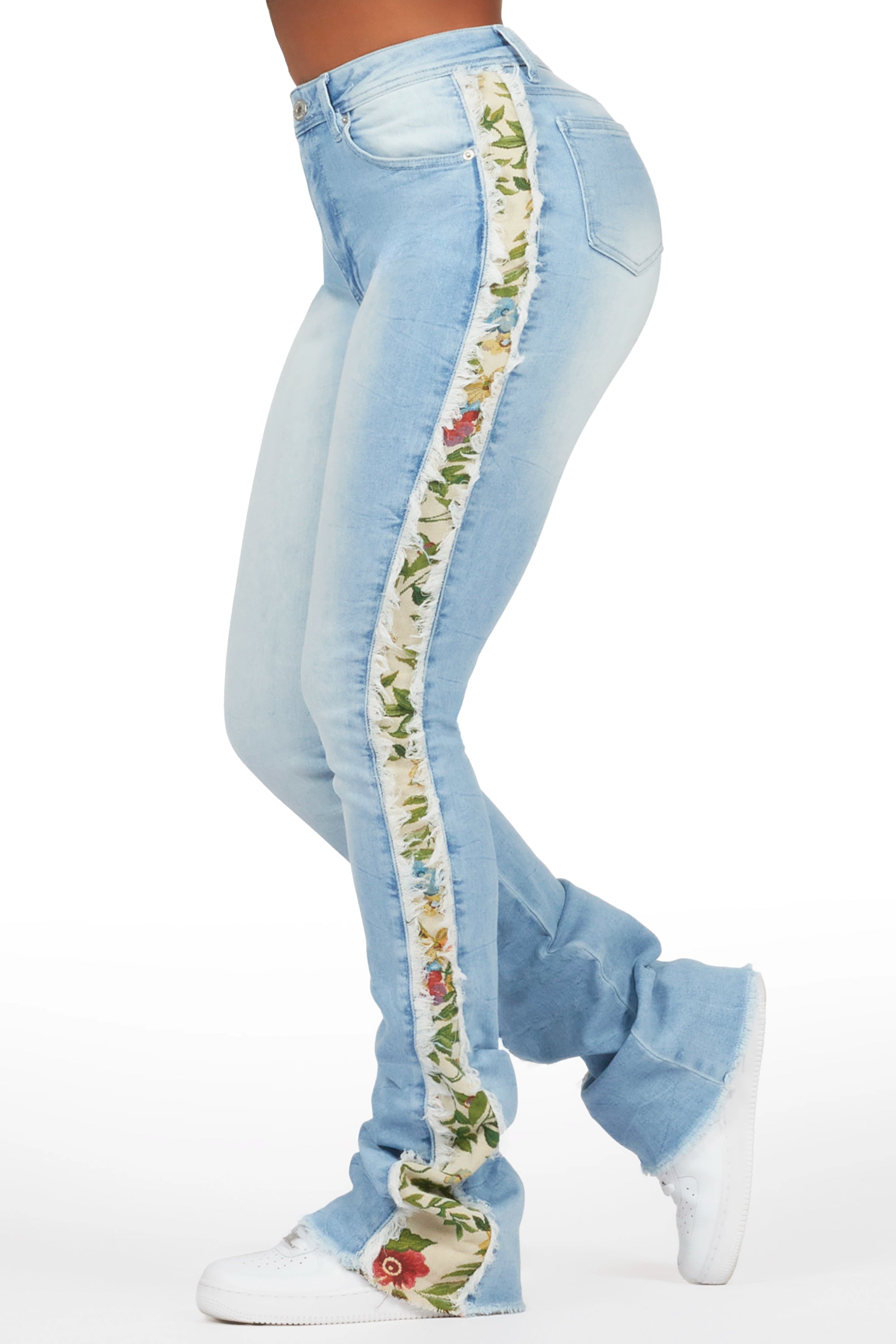 Kymonique Light Wash Tapestry Stacked Flare Jean Fashionable White Denim Jeans