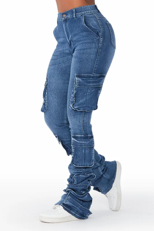 Phoebe Med. Wash Super Stacked Jean Fashionable Vintage Wash Jeans