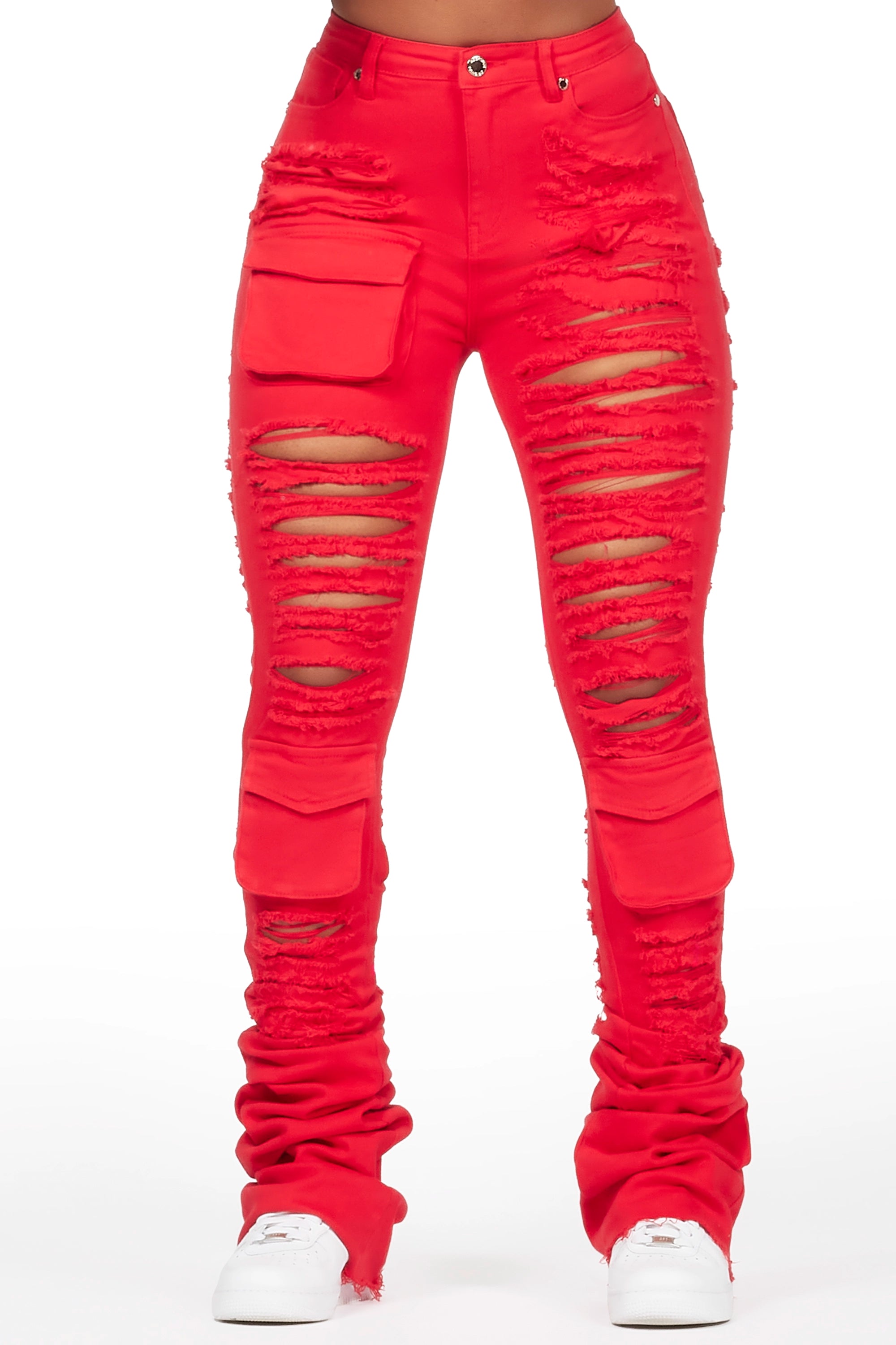 Capria Red Ultra Distressed Super Stacked Jean Fashionable Button-Front Jeans