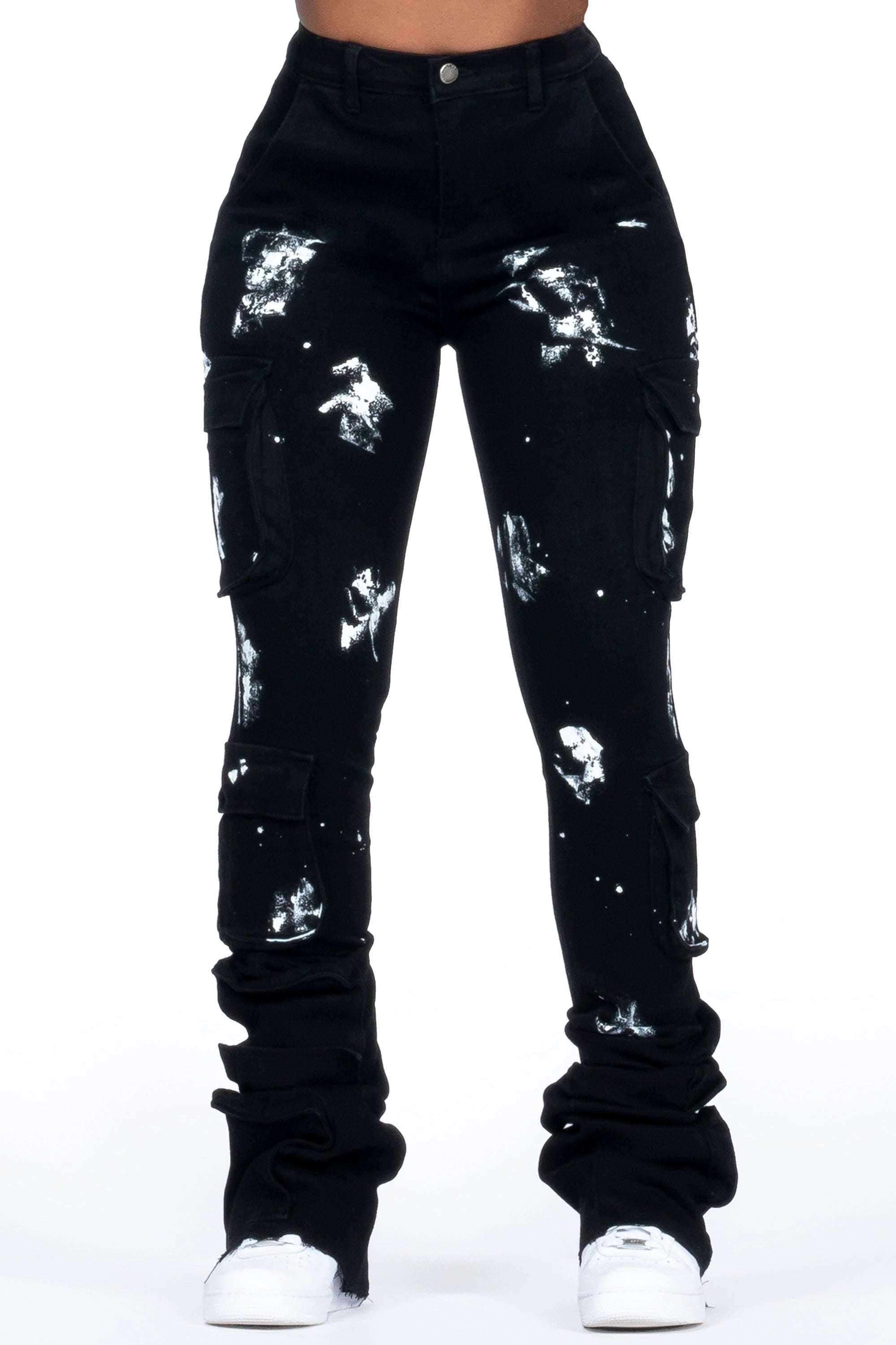 Shondrell Black Painted Super Stacked Jean Comfortable Flare Leg Jeans