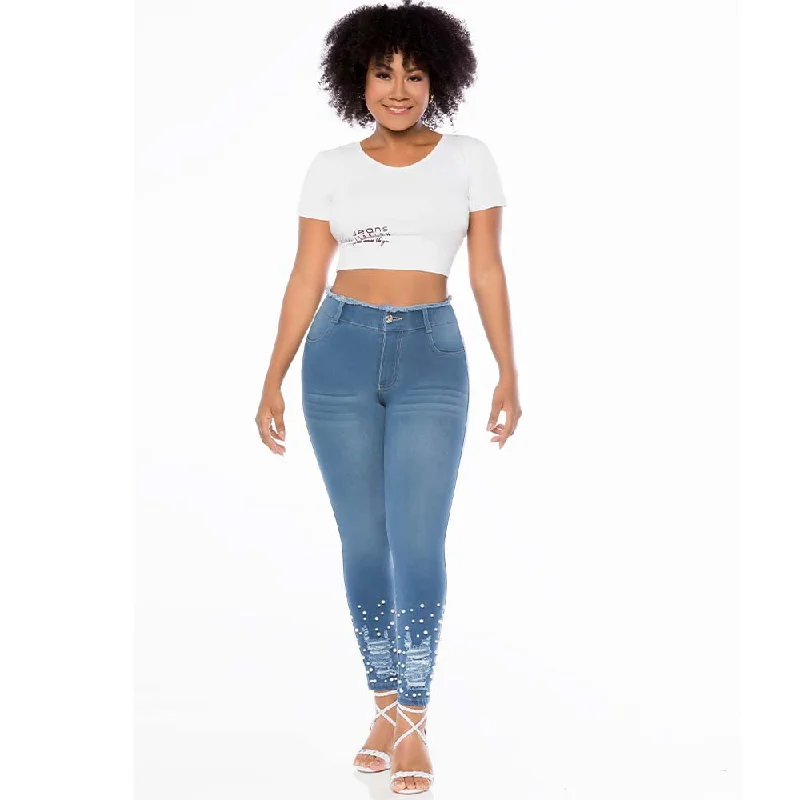 Skinny Blue Jean for women - Pearl embellished denim - J82333SH Fashionable Slouchy Fit Jeans Skinny Blue Jean for women - Pearl embellished denim - J82333SH Fashionable Slouchy Fit Jeans