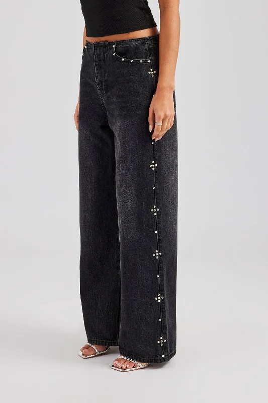 Stud Detail Baggy Jean - Washed Black Trendy Cut-Off Denim Shorts
