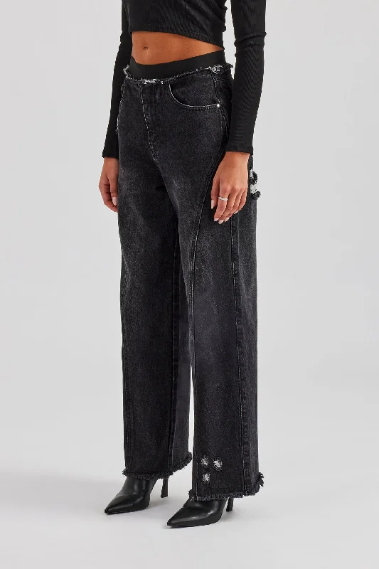 Waistband Insert Baggy Jean - Washed Black Chic Ripped Jeans
