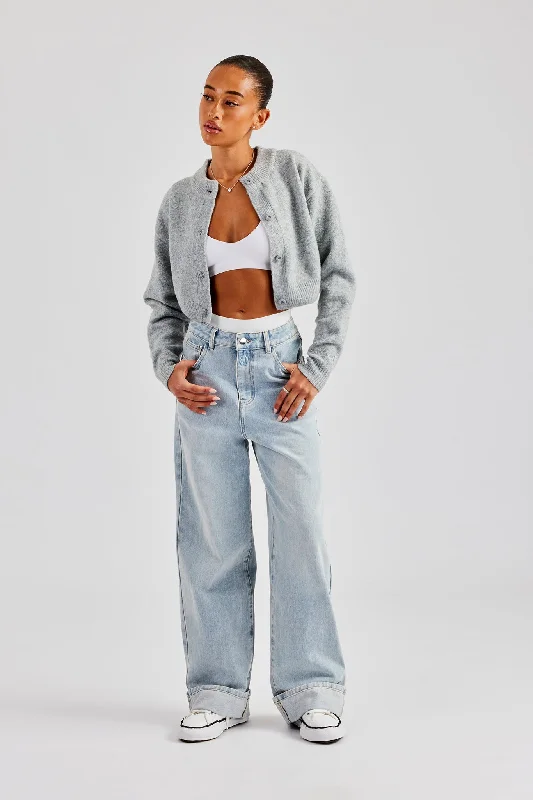 Waistband Turn Up Baggy Jean - Ice Blue Trendy Paperbag Waist Jeans