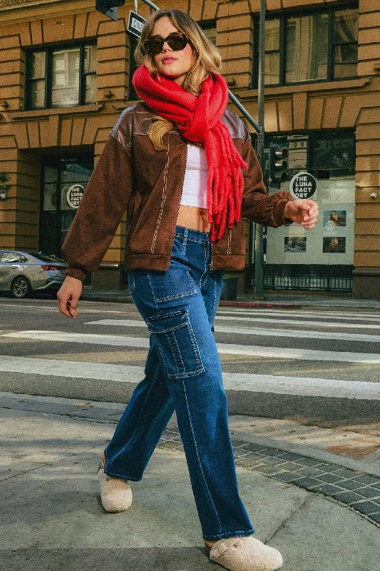 Women's Elastic Waist Straight Leg Cargo Jean Comfortable Folded Hem Jeans