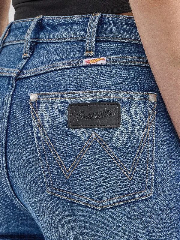 Wrangler® x Hot Wheels™ Women's High Rise Bootcut Jean in Dark Blue Fashionable Button-Front Jeans