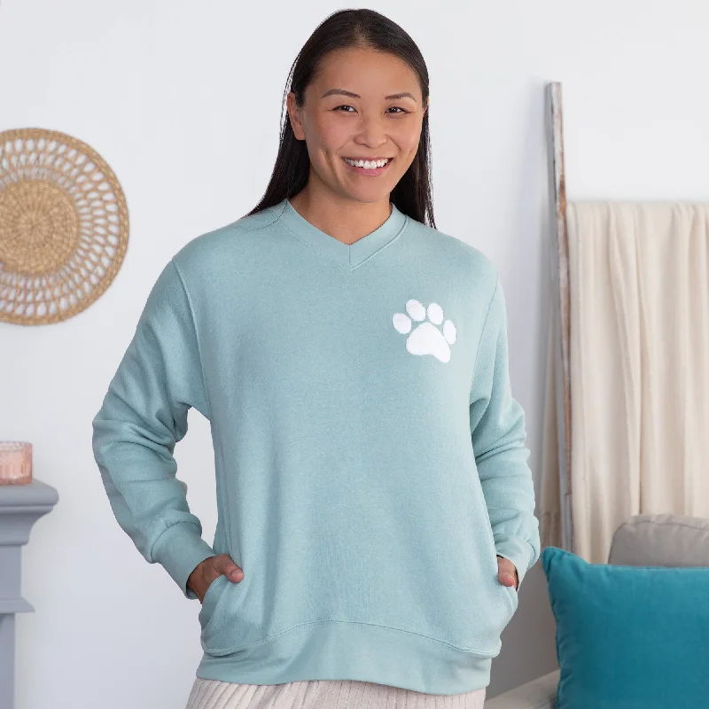 Chenille Paw V-Neck Pullover Sweatshirt Hoodie with Typography Text Message