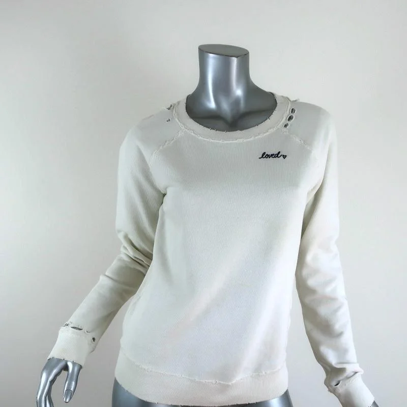 AMO Loved Sweatshirt White Distressed Cotton Size Small Crewneck Pullover Hoodie with Frayed Bohemian Relaxed