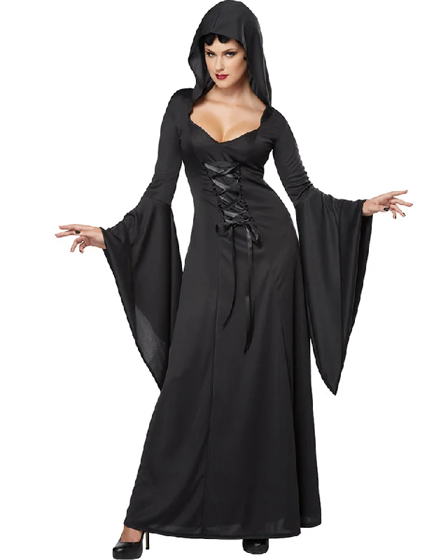 Black Hooded Medieval Robe Deluxe Womens Costume Hoodie with Illustration Artistic Creative