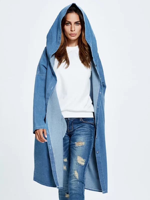 Button Up Dropped Shoulder Hooded Denim Top Hoodie with Relaxed Fit Easy Casual